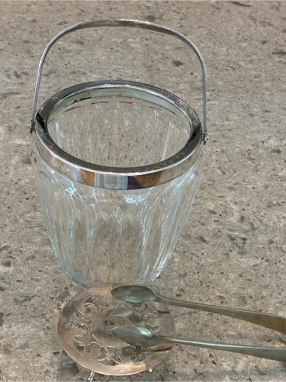 Vintage Clear Crystal Ice Bucket with Silver Handle, tongs
